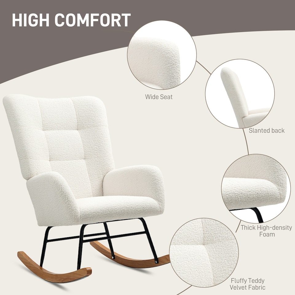 image 1 of HOMCOM Rocking Chair, Teddy Upholstered Accent Chair, Modern Armchair with Wide Backrest and Rubberwood Base for Living Room, Bedroom, Cream White | Cream | Cream