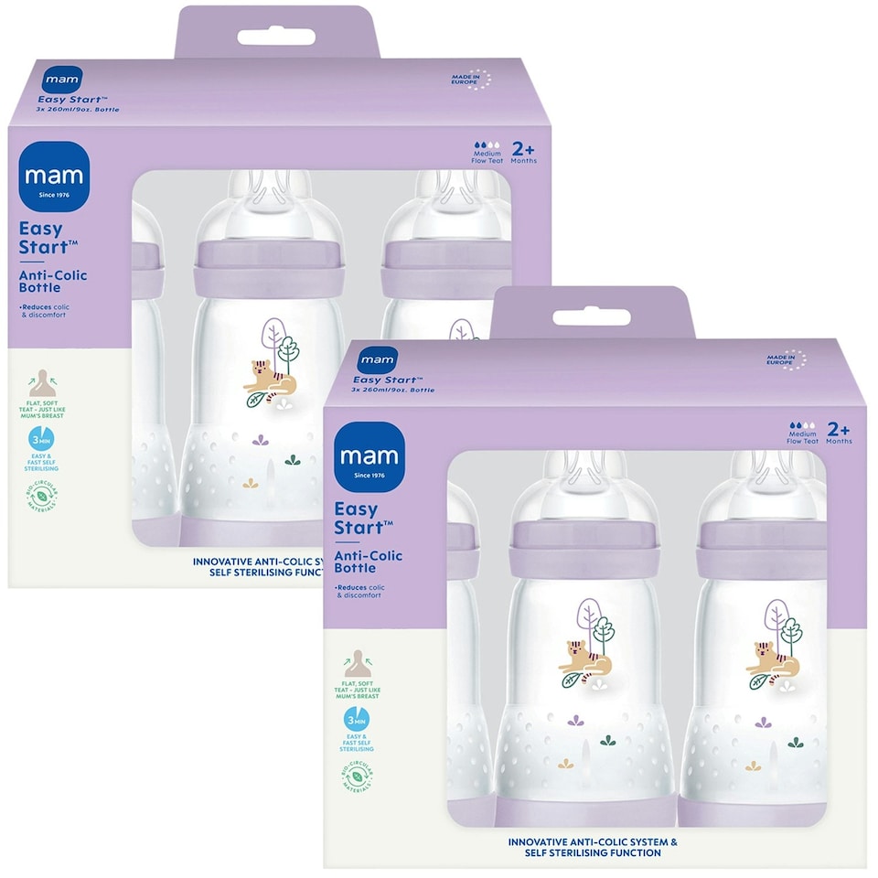image 1 of 2 x MAM Easy Start Anti-Colic 260ml Baby Bottle Medium Flow Teat Pack of 3 Lilac | Multi | Not provided