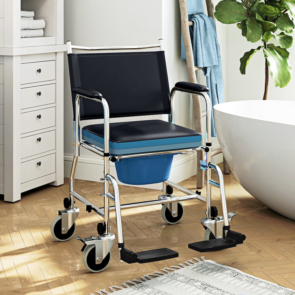 image 1 of HOMCOM Rolling Shower Chair with Wheels, Bedside Commode Wheelchair with Padded Seat, Backrest, for Seniors, Adults, Injured or Disabled, Black