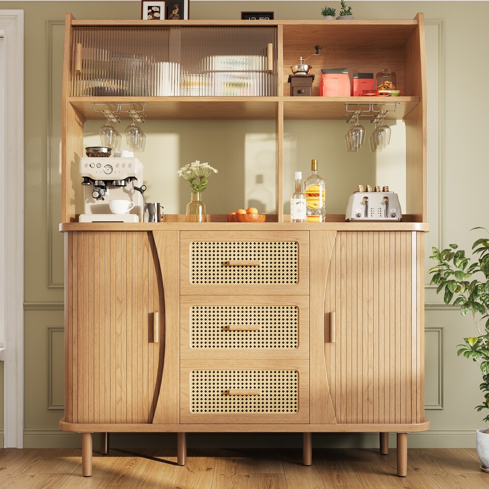 image 1 of VILUXE Tall Kitchen Storage Cabinet with Rattan-Effect Drawers and Glass Sliding Doors, 140 cm, Natural Wood