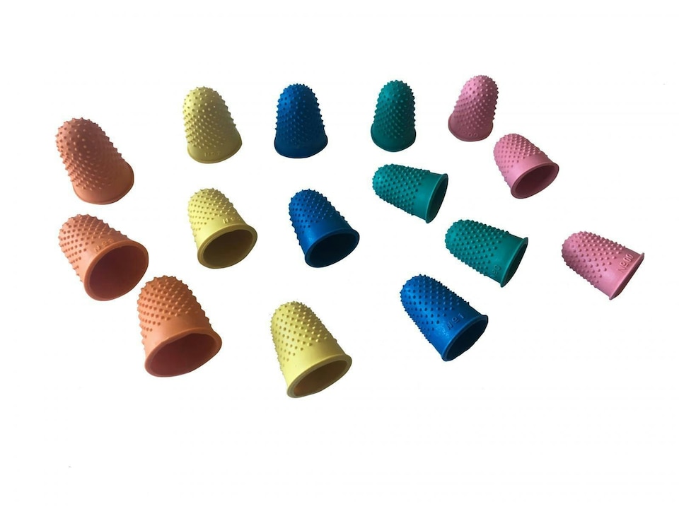 image 1 of Pack of 15 Assorted Size Rubber Thimblettes - Coloured Thimble Finger Cones