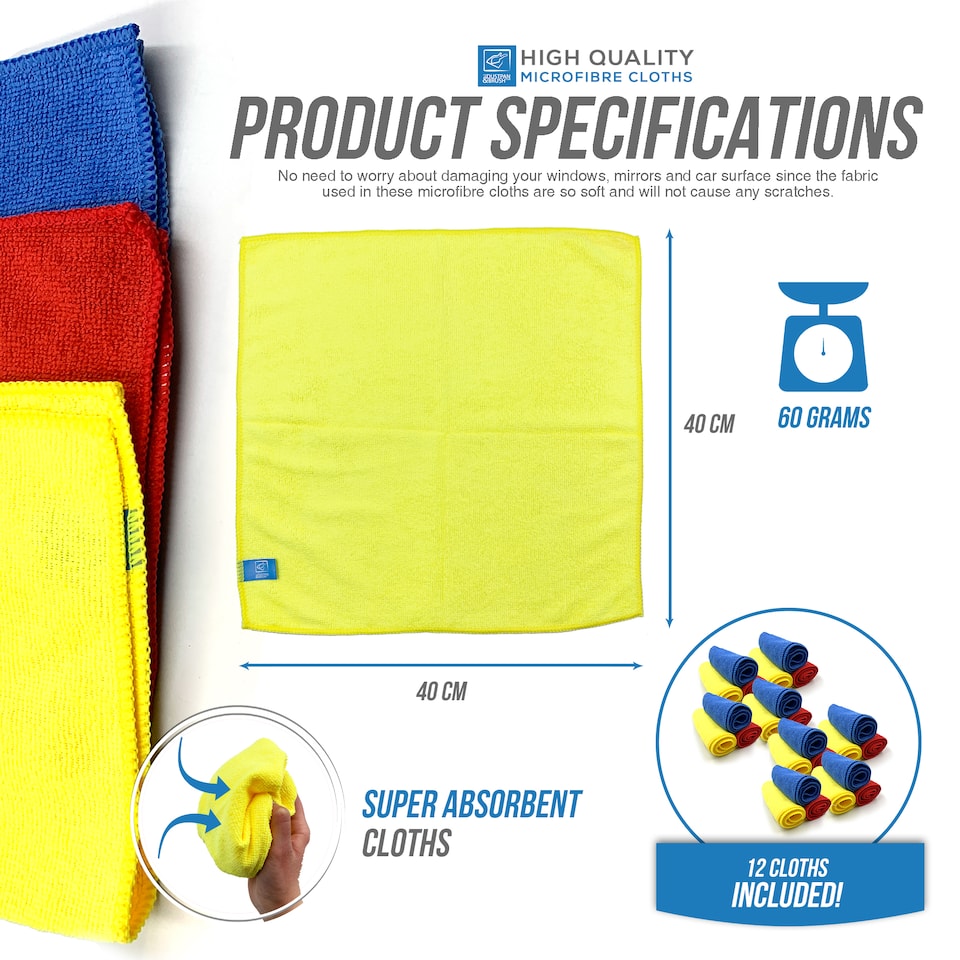 image 1 of Multipurpose Microfibre Cleaning Cloth 40cm x 40cm Super Soft Washable and Lint Free - Pack of 24