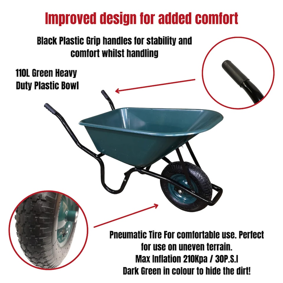 image 1 of 110 Litre 150kg Capacity Heavy Duty Outdoor Pneumatic Plastic Garden Wheelbarrow in Green