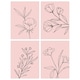 image 1 of Set of 4 Minimalist Wildflower Outline Black Pastel Pink Simple Floral Wall Art Prints 12x16 Inch