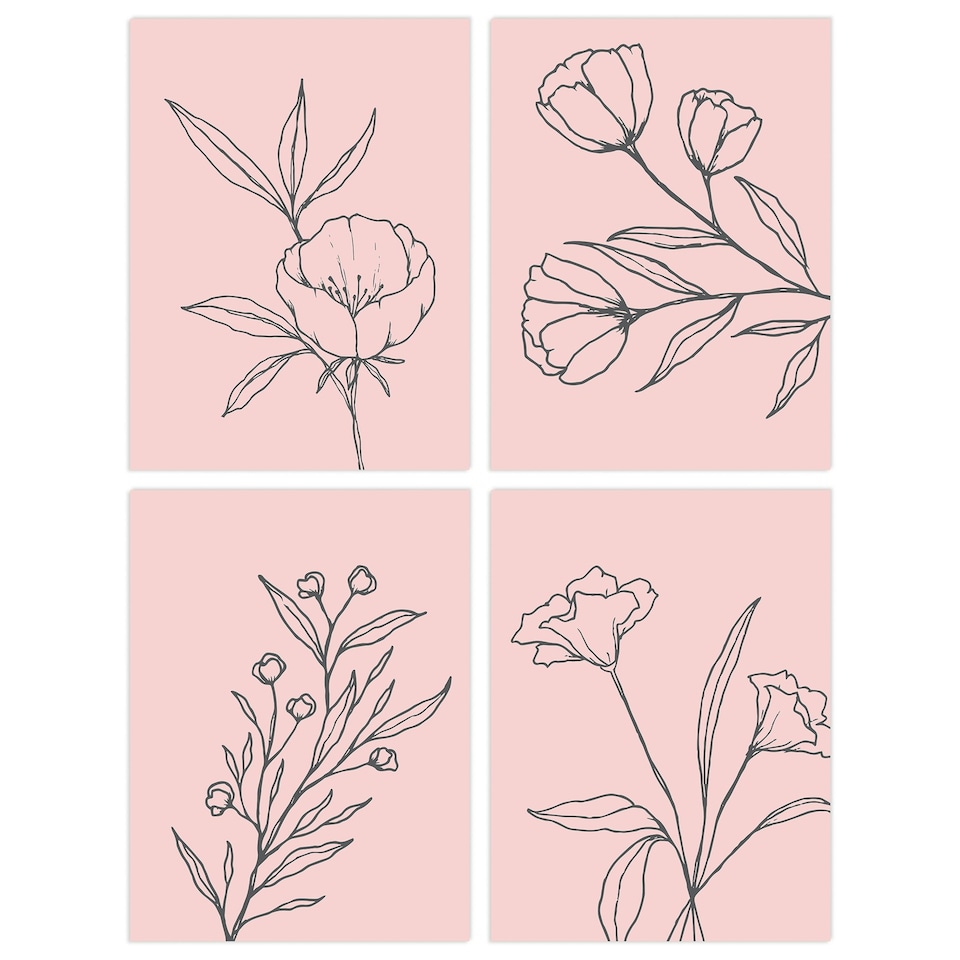 image 1 of Set of 4 Minimalist Wildflower Outline Black Pastel Pink Simple Floral Wall Art Prints 12x16 Inch