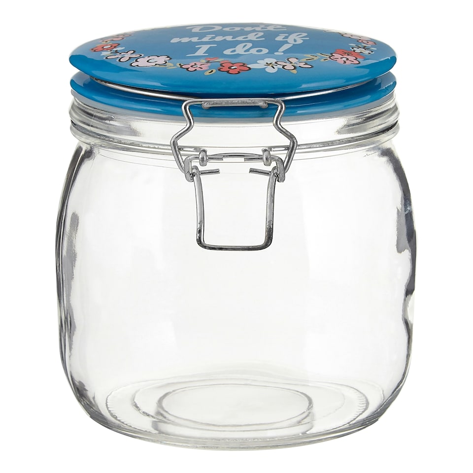 image 1 of Interiors By Premier Pretty Things Glass Jar 1000ml, Clear Glass Storage Jar with Blue Ceramic Clip Top Lid