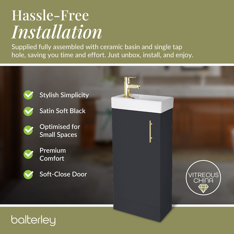 image 1 of Balterley Bathroom Contemporary Floor Standing Vanity Wash Basin & Handle | Grey | Satin Soft Black