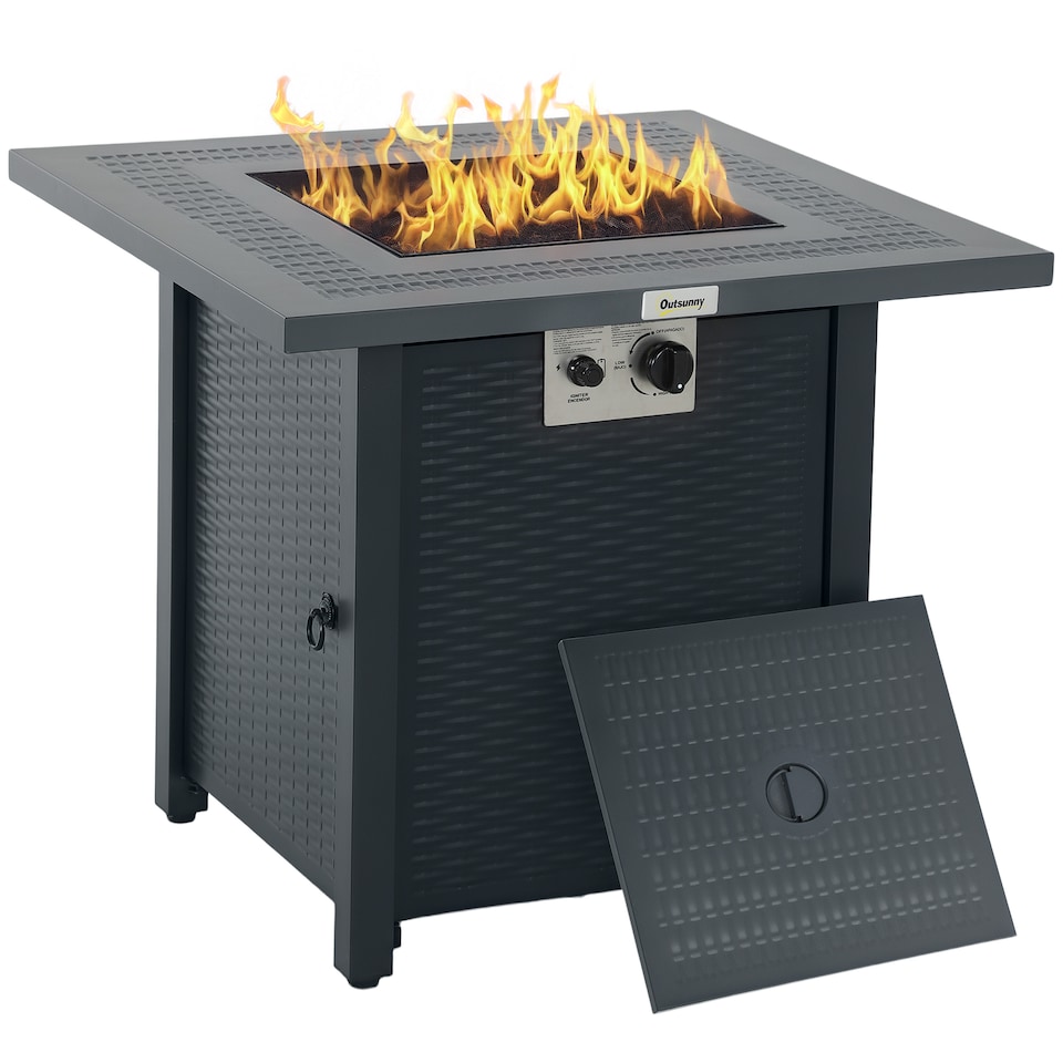image 1 of Outsunny Outdoor Square Fire Pit Table w/ Lid and Lava Rocks Dark Grey