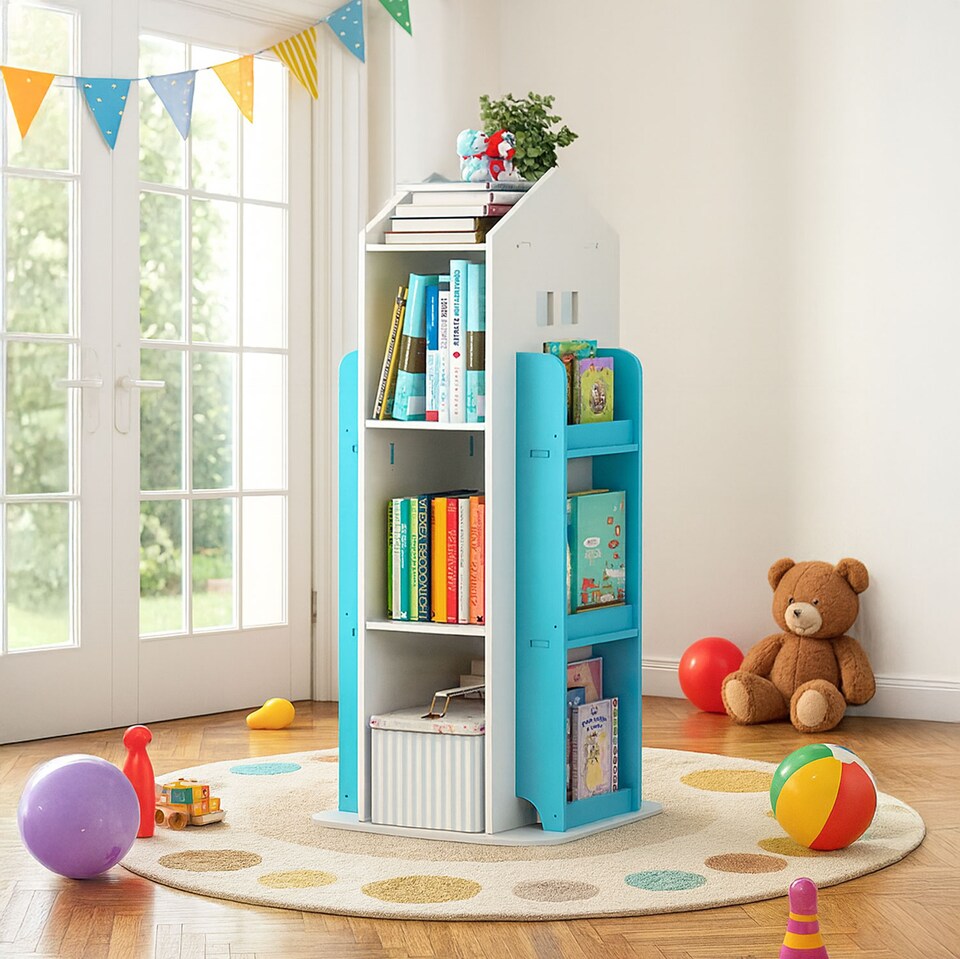 image 1 of Neo House Shaped 360° Rotating Kid's Children's Freestanding Bookshelf | White | White