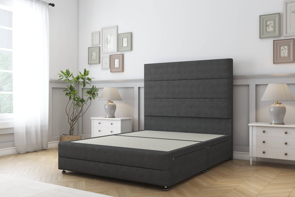 image 1 of Sloomy Monaco Graphite Dumfries Divan Bed Base 2 Drawers Right Side With 54 Inch Floor Standing Headboard & 12 Inch Matching Footboard | Grey | Graphite | King | 1