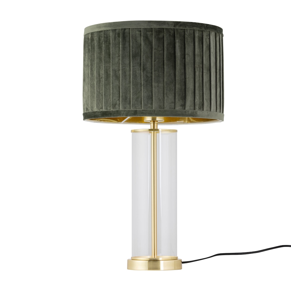 image 1 of Aura - Satin Brass Table Lamp with Green Pleated Velvet Shade | Gold | Satin brass plate with clear glass detail and green pleated velvet | 1