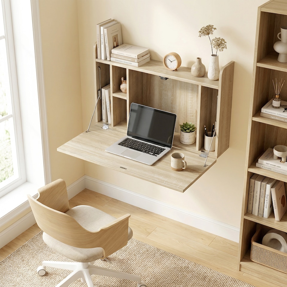 image 1 of HOMCOM Wall Mounted Table w/ Space Saving Storage Compartments