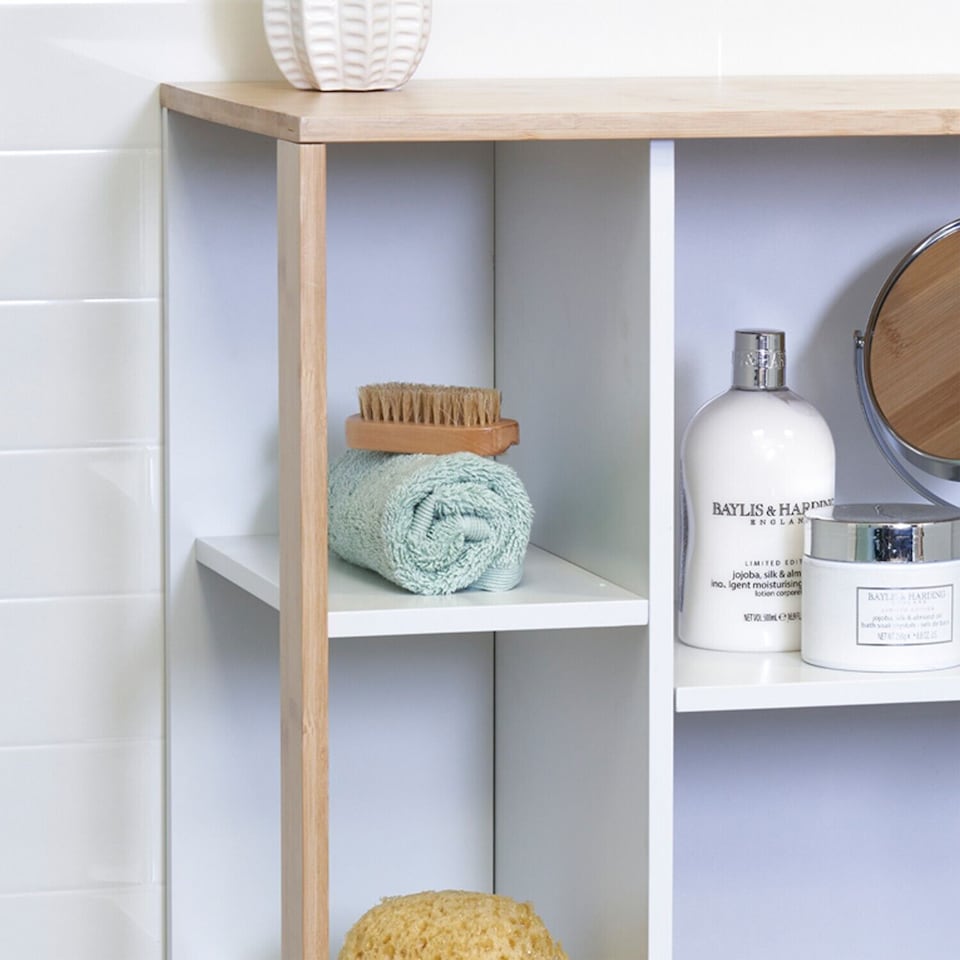 image 1 of Showerdrape Varallo Matt White & Bamboo Floor Bathroom Cabinet with Display Shelves | White | 1