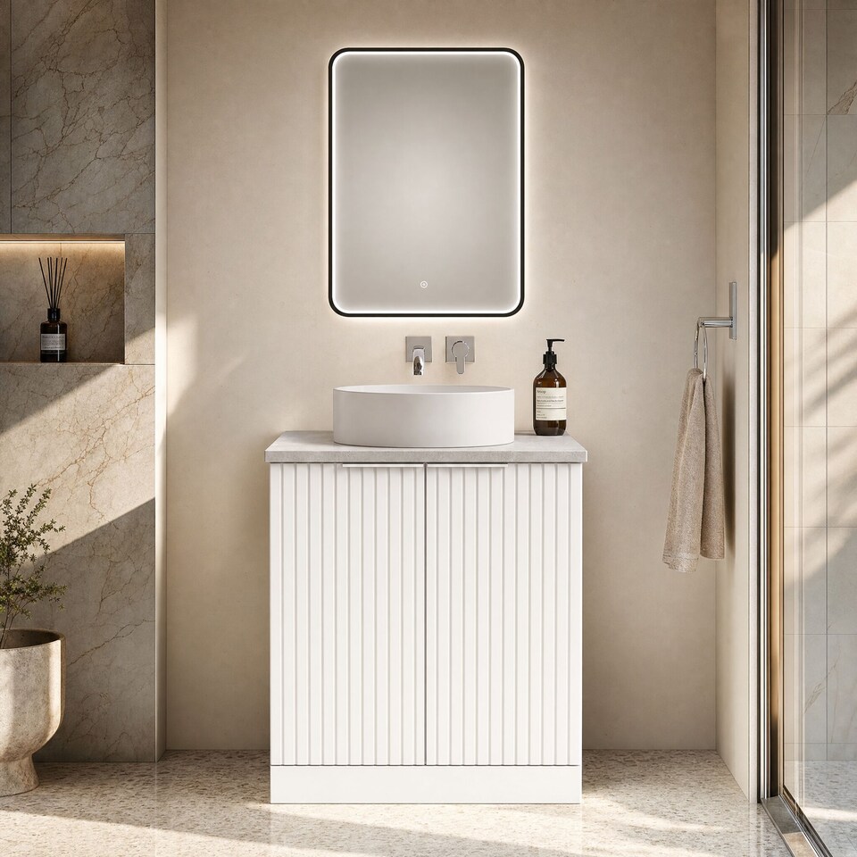 image 1 of Balterley Callingwood Contemporary Floor Standing 2 Door Vanity Unit with Bellato Grey Laminate Worktop , 600mm, Matt White