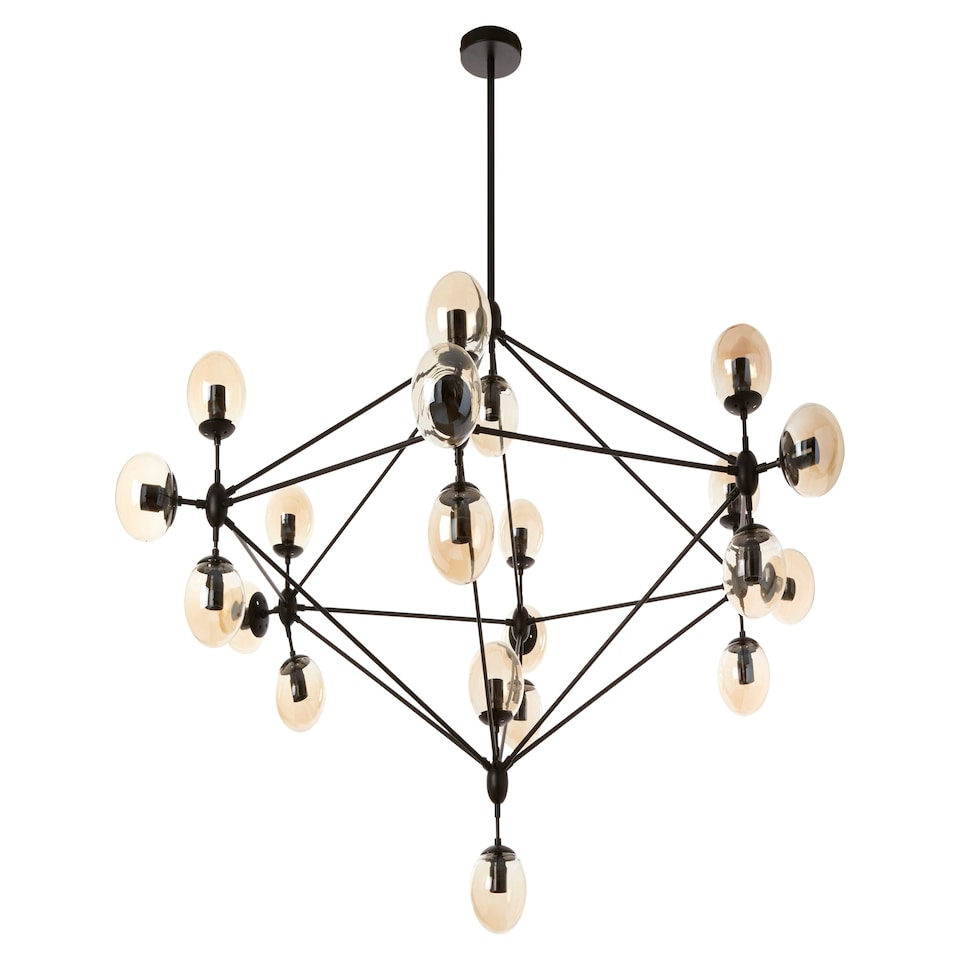 image 1 of Interiors by Premier Matte Black 21 Arm Pendant Lamp, Mid Century Sputnik Style Ceiling Light With Brown Glass Globes