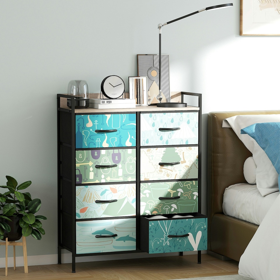 image 1 of HOMCOM 8-Drawer Chest of Drawers, Fabric Dresser with Open Shelf, Blue Blue | Black frame, wood-effect top