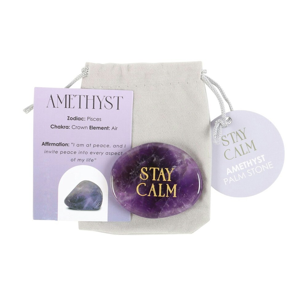 image 1 of Something Different Stay Calm Amethyst Palm Stone - Purple/Gold - One Size
