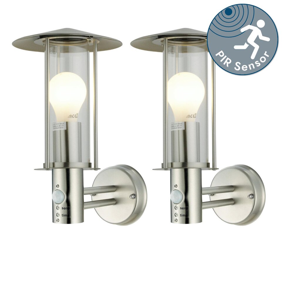image 1 of Set of 2 Treviso - Brushed Stainless Steel Motion Sensor Outdoor Security Lights | Grey | Clear | 2