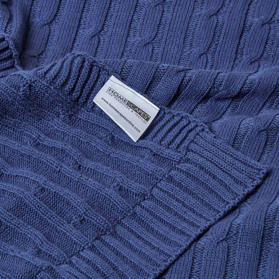 image 1 of Homescapes Cotton Cable Knit Throw - Navy Blue - 150 x 200 cm Blue