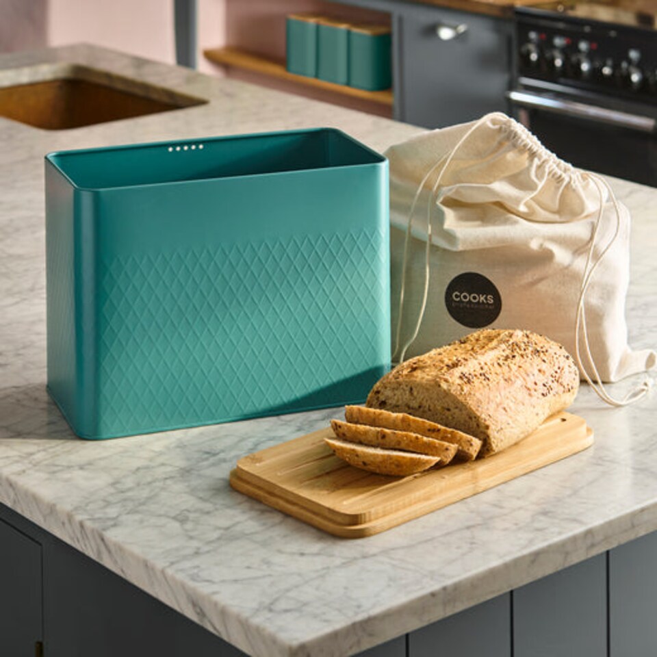image 1 of Cooks Professional Diamond Pattern Bread Bin with Linen Bag & Bamboo Cutting Board Lid | Green | Teal | 1