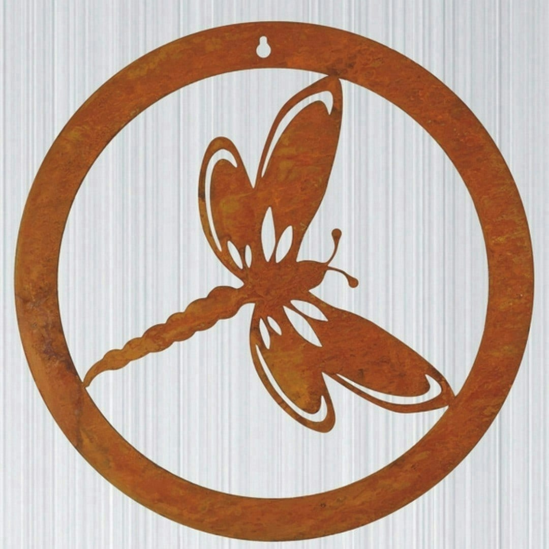 Poppyforge Dragonfly in a Circle Small Garden Wall Art - Bare Metal/Ready to Rust in Copper