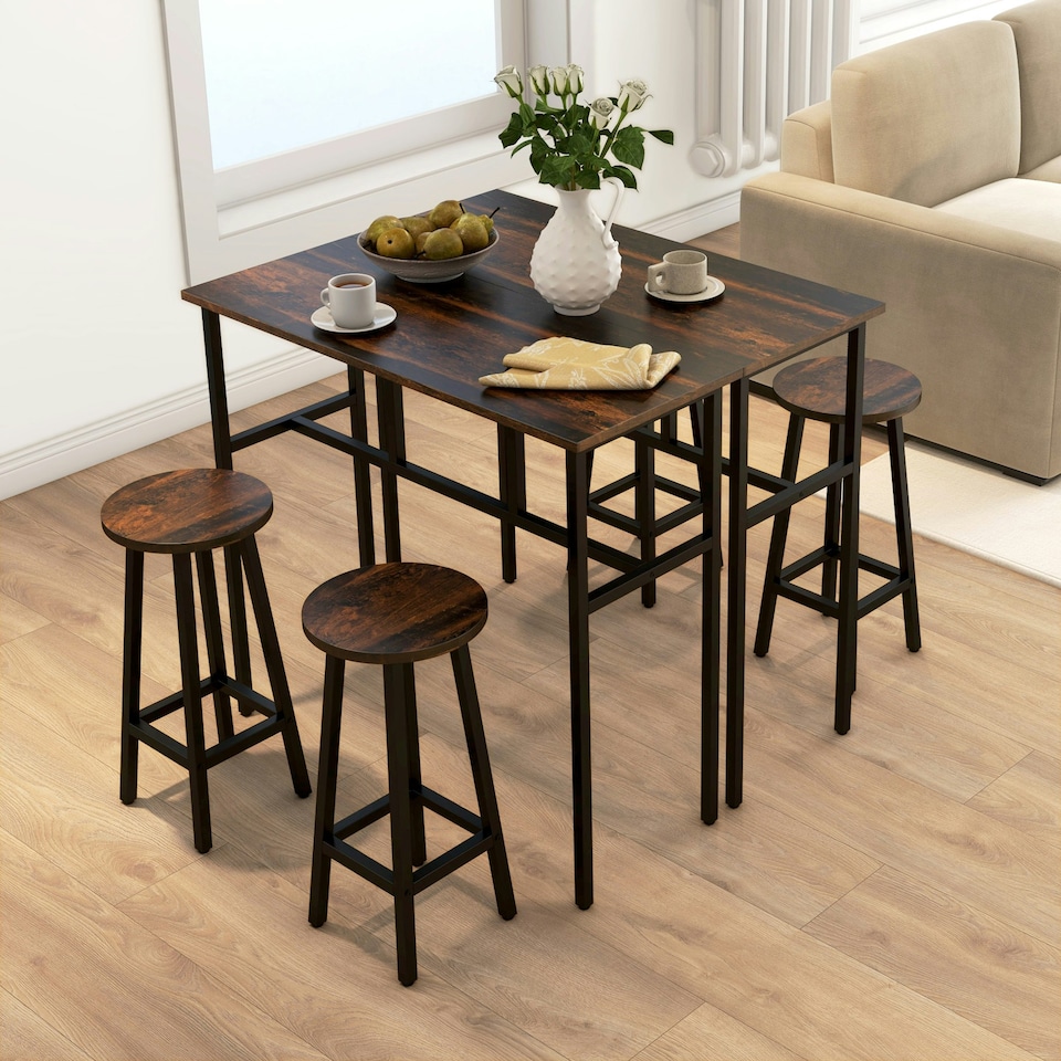 image 1 of HOMCOM 6-Piece Industrial Bar Table Set, 2 Kitchen Tables with 4 Stools, Brown