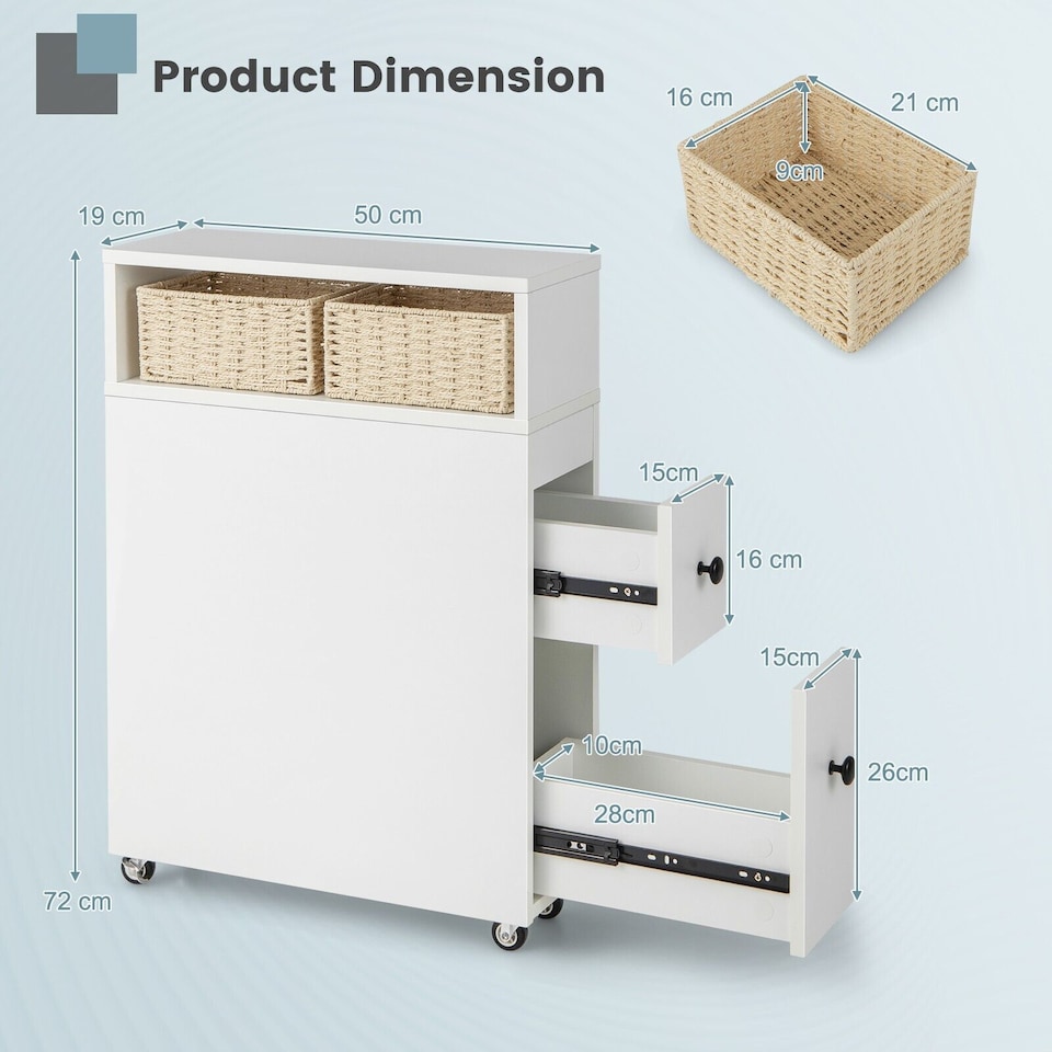 image 1 of COSTWAY Movable Bathroom Storage Cabinet Narrow White