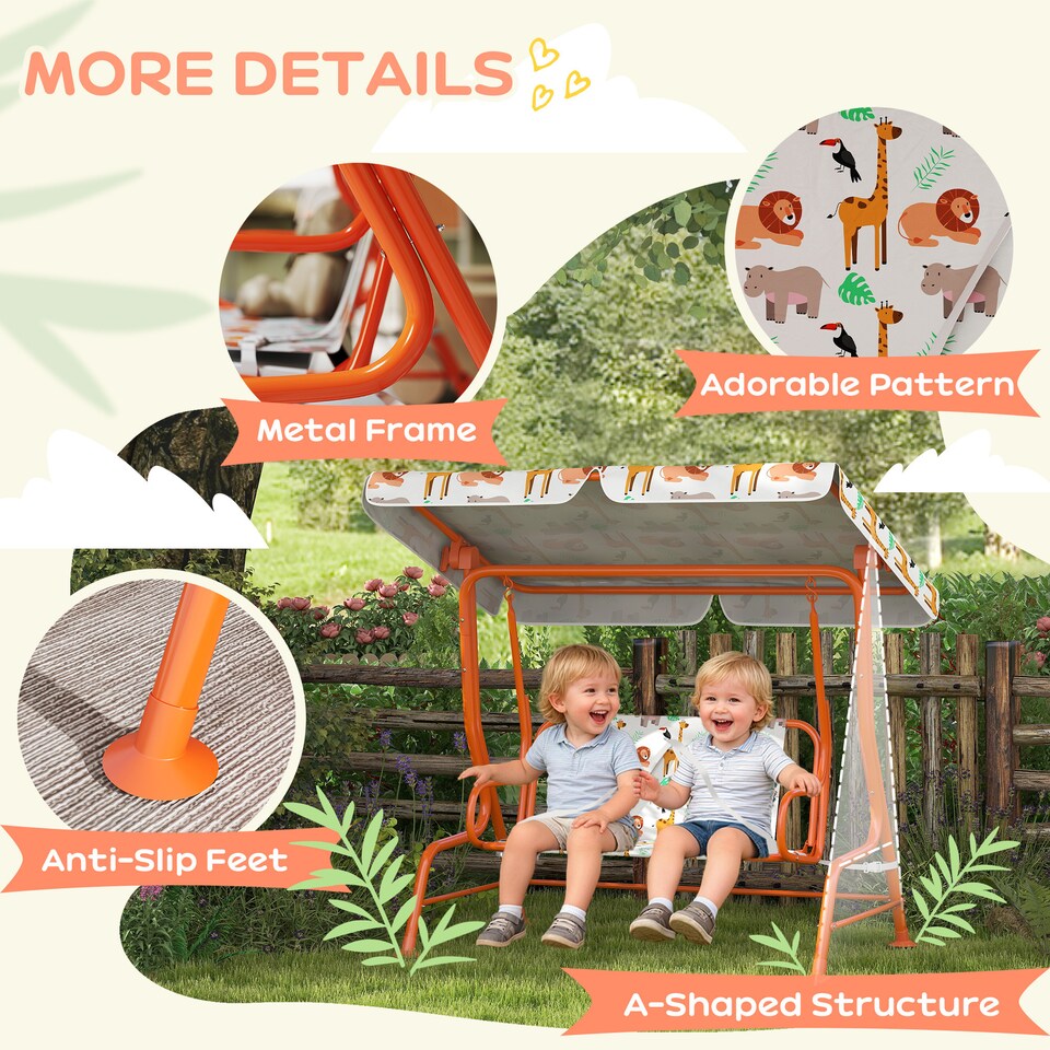 image 1 of AIYAPLAY Kids Porch Swing with Seat Belts, Adjustable Canopy, Orange