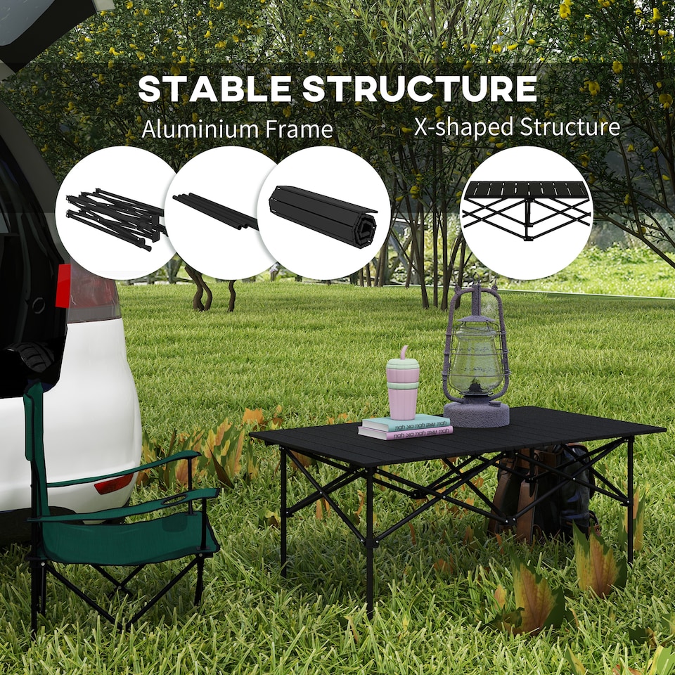 image 1 of Outsunny Portable Camping Table, 3ft Lightweight Folding Aluminium Picnic Table with Roll Up Top, Carry Bag for Outdoor Camping, Picnic, Hiking, Cooking, BBQ, Fishing, Black