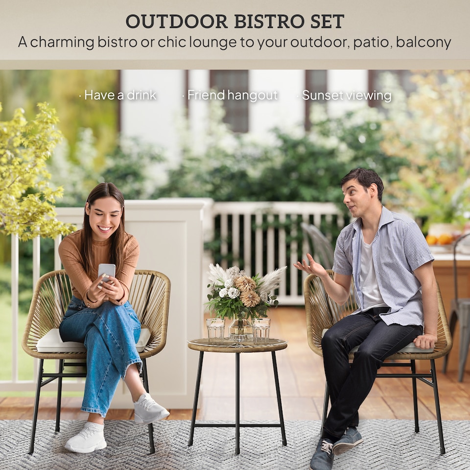 image 1 of Outsunny Rattan Bistro Set, Small Balcony Furniture with Cushion, Light Grey