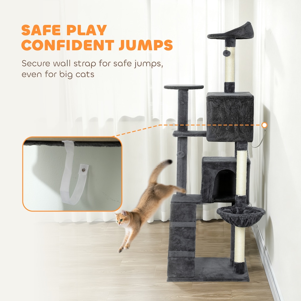 image 1 of PawHut 180cm Cat Tree, Multi-Level Large Cat Tower with 3 Sisal Scratching Posts, Condos, Plush Perches, Hammock, Ladder, Dangling Balls, Kitten Activity Centre for Kittens Playing Relaxing | Grey