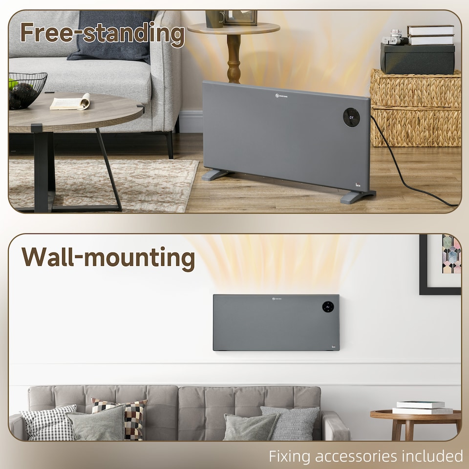 image 1 of HOMCOM 2000W Electric Panel Heater, Freestanding or Wall Mounted, Convector Heater with LED Display, Open Window Detection, Timer, Overheat Protection, Remote Control, Grey