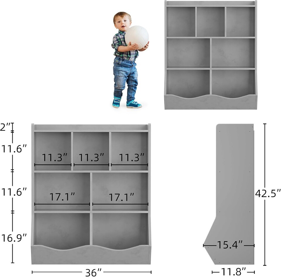 image 1 of London Boutique Kids 3-Tier Bookcase Toy Organiser 7-Compartment Cabinet 60x15.4x42.5"