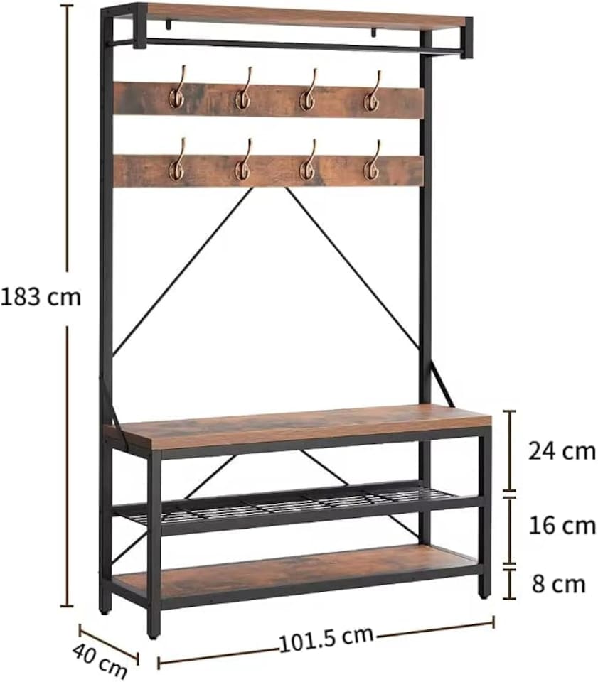 image 1 of London Boutique Hall Tree with Bench & 2-Tier Shoe Rack 102x40x183cm