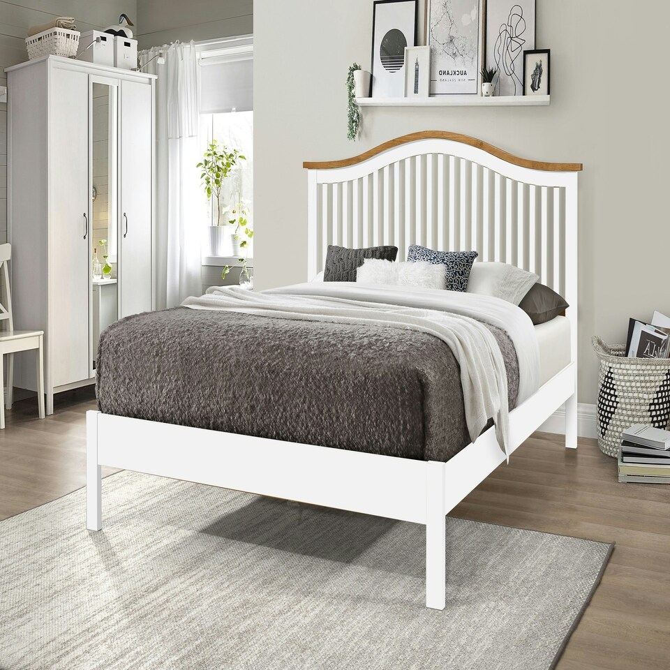 image 1 of 5ft King Size White & oak finish chunky, strong solid wood wooden bed frame.Curved headboard head end, low foot end board