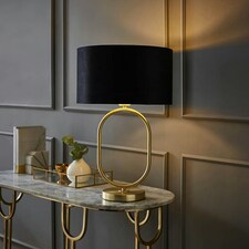 ValueLights Antonia Black Velvet and Gold Drum Lamp Shade Brushed Gold Oval Table Lamp Gold