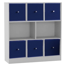 Asymmetrical 8 Cube Bookcase Unit w/ 6 Drawer Inserts | White | White & Royal Blue | 8