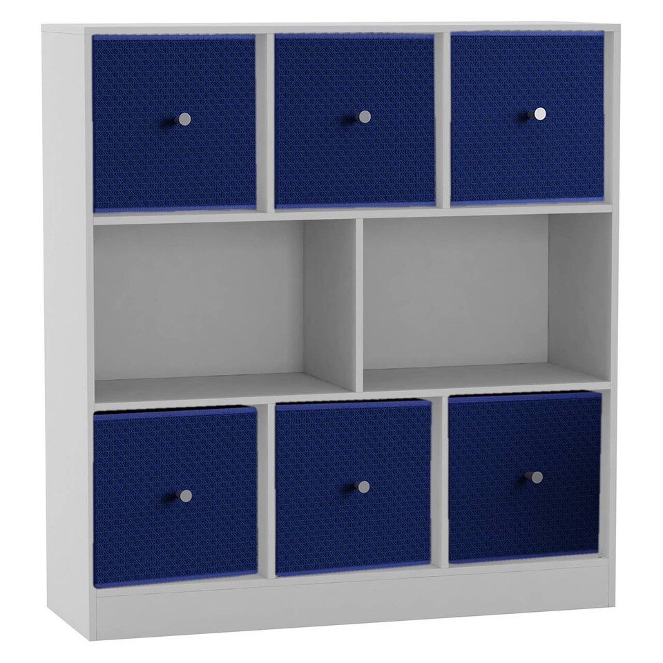 image 1 of Asymmetrical 8 Cube Bookcase Unit w/ 6 Drawer Inserts | White | White & Royal Blue | 8