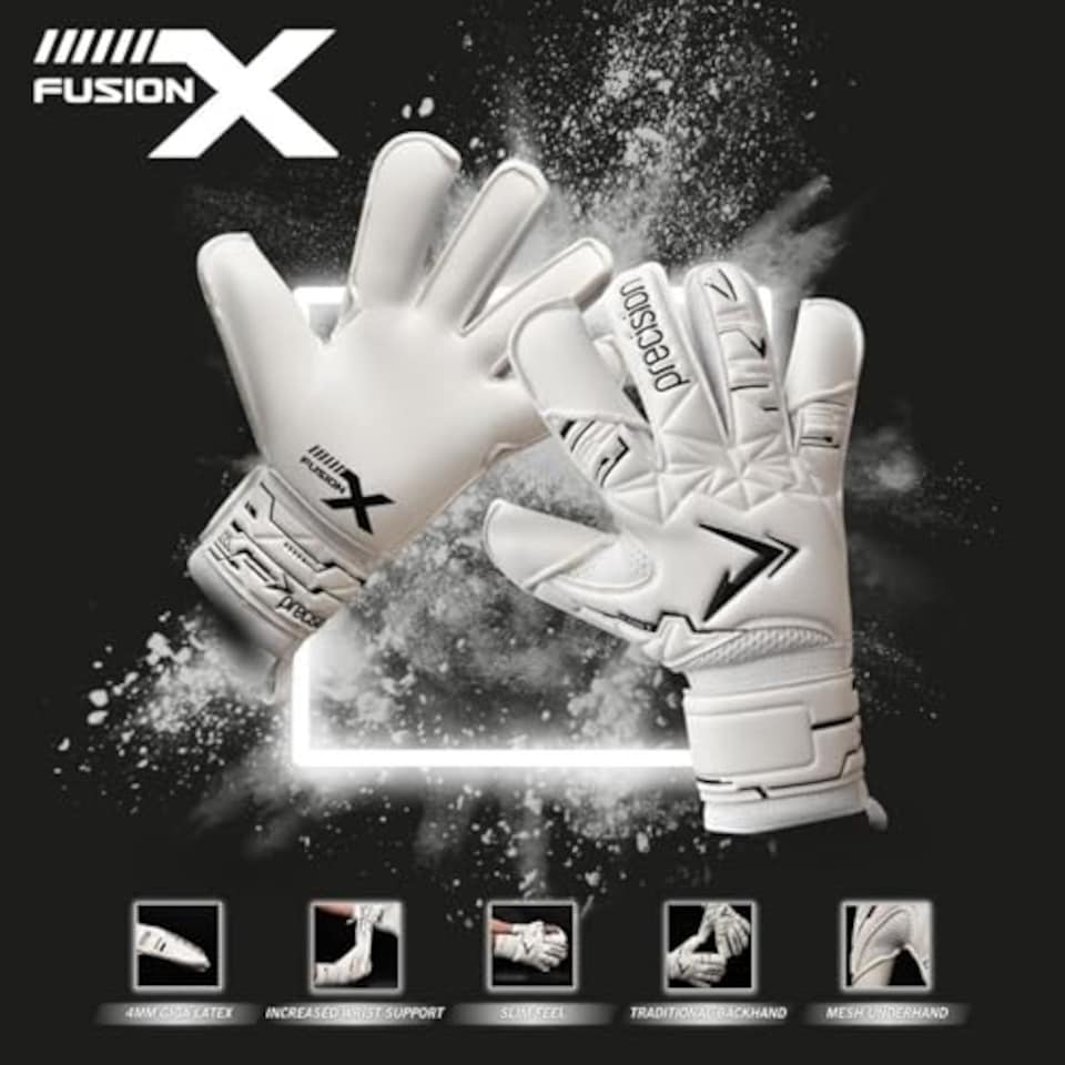 image 1 of Precision Fusion X Pro Classic Hybrid Giga Goalkeeper Gloves, 4mm Giga Latex, Hybrid Cut, Enhanced Wrist Support, Breathable Mesh, White Black, 7