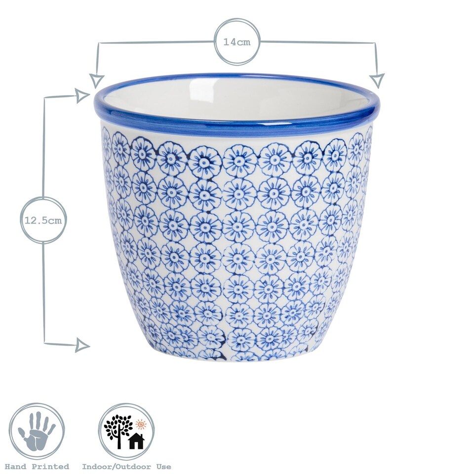 image 1 of Nicola Spring Hand Printed Plant Pot with Saucer - 22cm - Navy | Blue | Navy