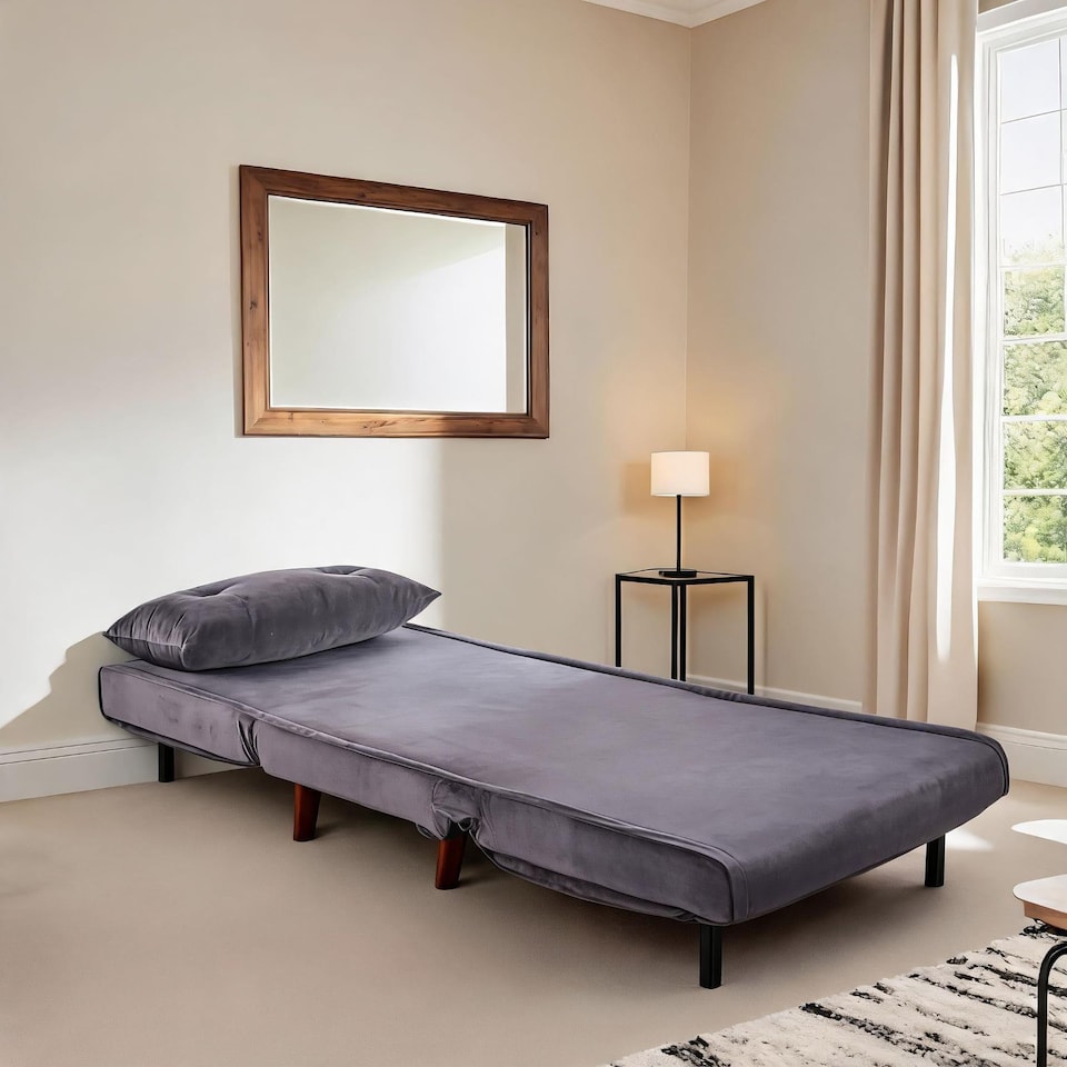 image 1 of Single Sofa Bed Folding Chair Velvet Wooden Legs One Pillow | Grey | One Size