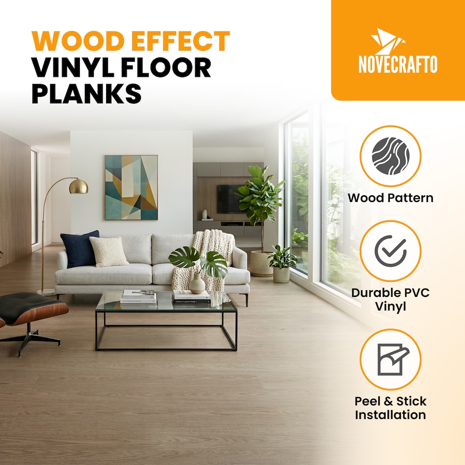 image 1 of NOVECRAFTO Self Adhesive Vinyl Floor Planks – Peel & Stick Flooring – Beige Grey Wood Effect – Easy DIY Installation – Durable & Waterproof Tiles | Brown | 1.39 sqm