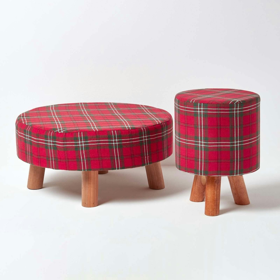 image 1 of Homescapes Traditional Red, Green and White Tartan Flat Footstool with Legs | Red | 62 x 62 x 30 cm