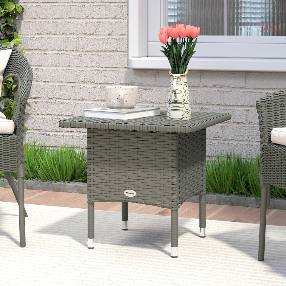 image 1 of Outsunny PE Rattan Outdoor Coffee Table, Easy Match Rattan Side Table, Grey