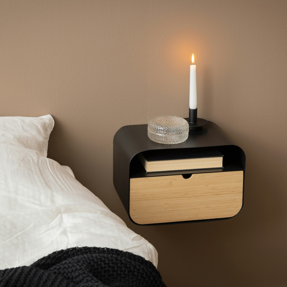 image 1 of Joliet Wallmounted Bedside Table in Black and Bamboo