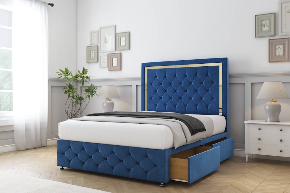 image 1 of Sloomy Sofia Gold Navy Plush Divan Bed With Mattress 2 Drawers Left Side With 54" Floor Standing Headboard & 12" Matching Footboard 2'6 Small Single | Blue | Navy | Small Single | 1