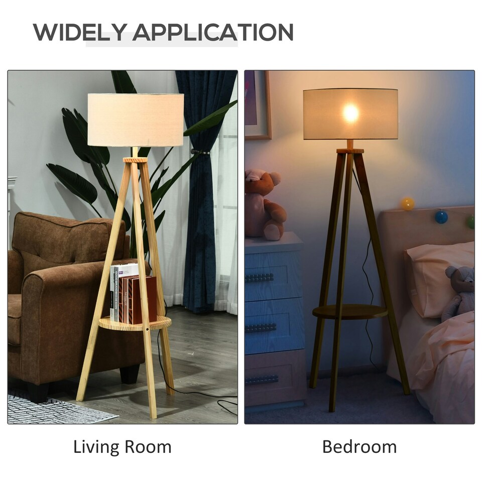 image 1 of HOMCOM Floor Lamp Bedside Light Free Standing Tripod Holder Storage Shelf Linen