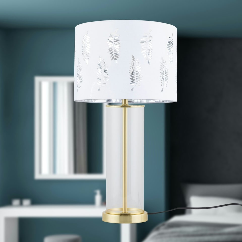 image 1 of Set of 2 Aura - Satin Brass Lamps with White Fern Cut Out Shades Bronze | White