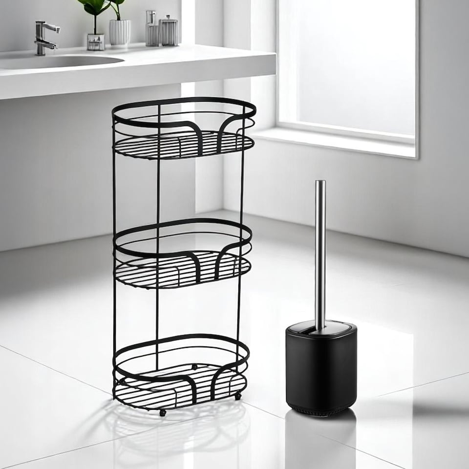 image 1 of Showerdrape Black Bathroom Accessory Set Floor Caddy with Toilet Brush and Holder | Black