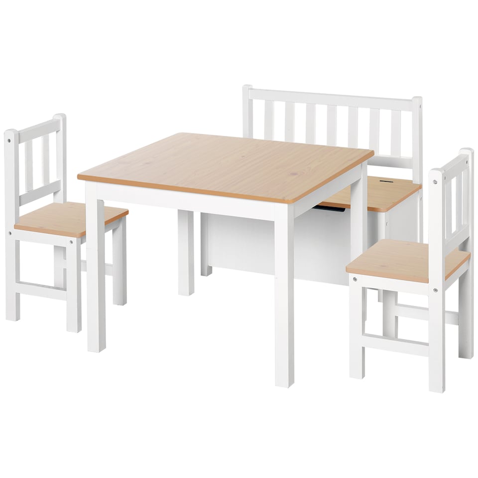 image 1 of HOMCOM 4-Piece Set Kids Wood Table Chair Bench w/ Storage Function for 3 Years+